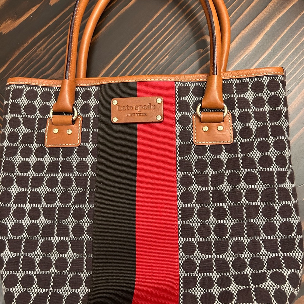 kate spade Brown and Red Patterned Canvas Tote with Tan Leather Trim